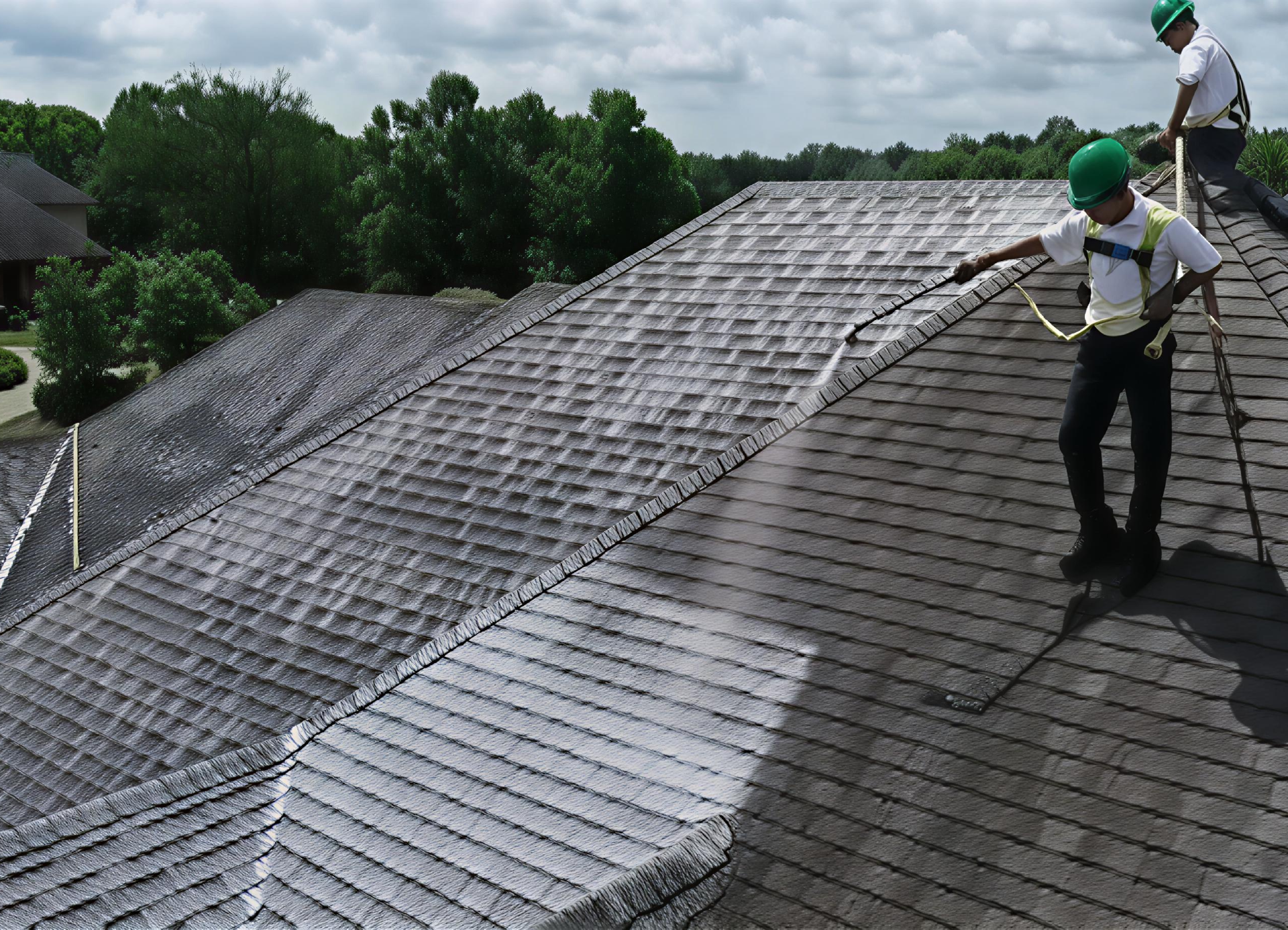 Workers spraying roof coating